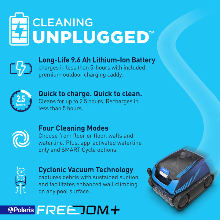 FREEDOM Plus features: 9.6 Ah lithium-ion battery, 2.5-hour cycle, under 5-hour recharge, four cleaning modes, cyclonic vacuum