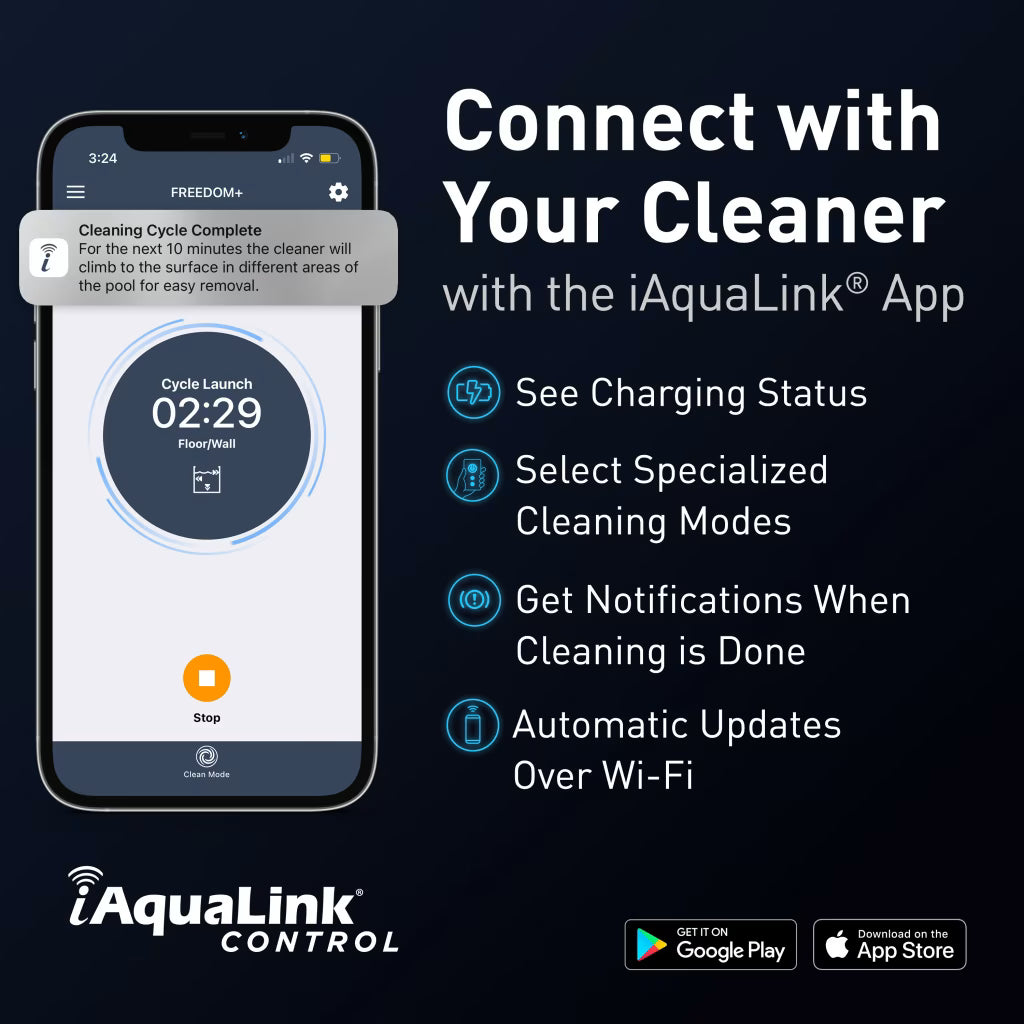 iAquaLink app screen for the FREEDOM Plus showing charging status, cleaning modes and cycle-complete notifications