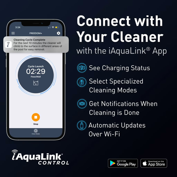 iAquaLink app screen for the FREEDOM Plus showing charging status, cleaning modes and cycle-complete notifications