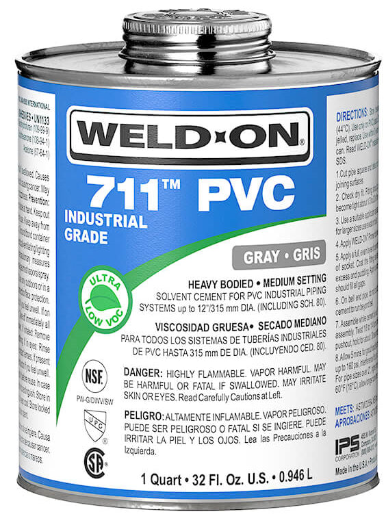 10119 IPS Corp. Weld-On 711 PVC, Rigid Industrial Grade PVC Cement, Medium Set Time, Gray, Heavy-Bodied, 1Qt, 12/Cs