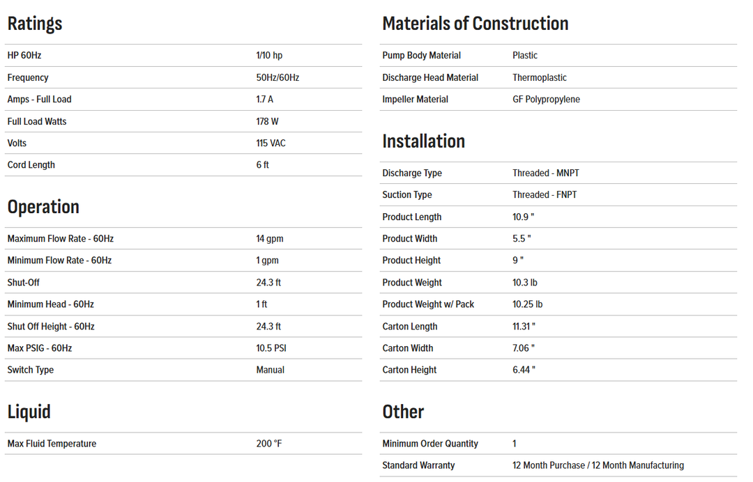 Franklin Electric Co. Little Giant 582604 TE-4-MD-HC Chemical Pump 1/10 Hp 850 GPH 6' Cord 115V