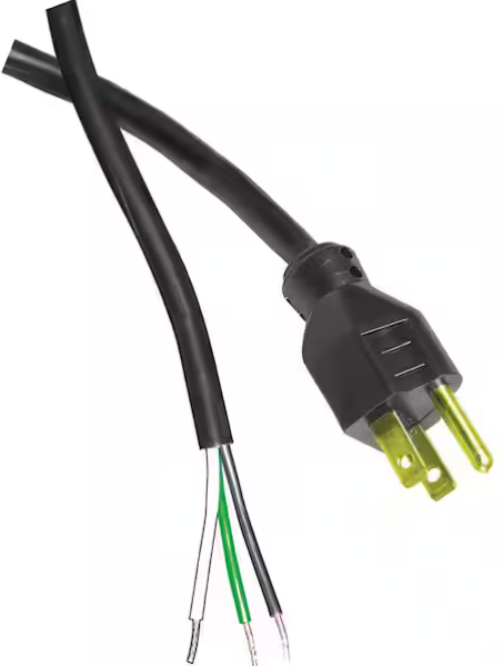 Black electrical cord with a plug on a white background