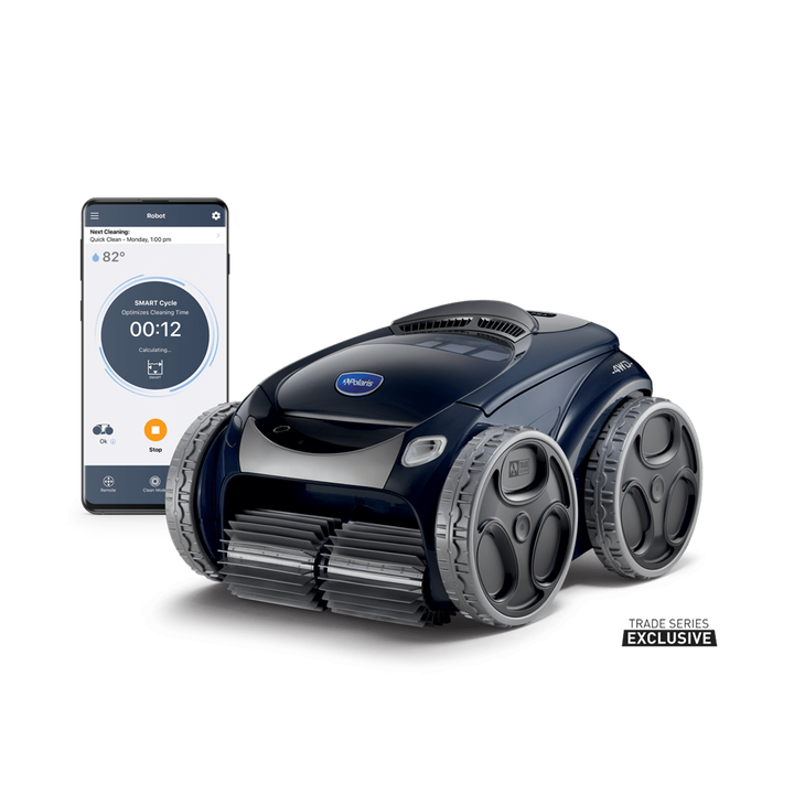 Polaris ALPHA iQ+ robotic pool cleaner (FALPHAIQP) with the iAquaLink app on a phone