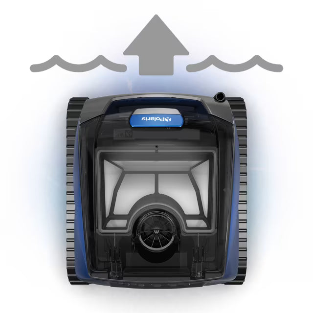 Easy Lift: Polaris EPIC 8640 robotic pool cleaner rising to the waterline for removal