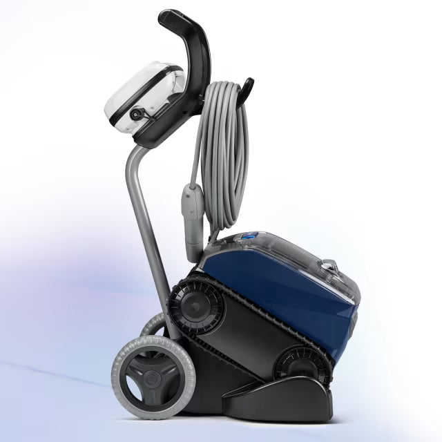 Easy storage: Polaris EPIC 8640 robotic pool cleaner on its caddy