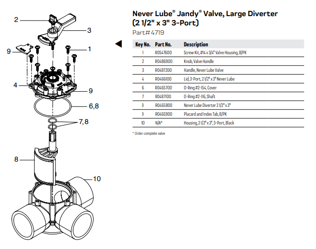 Zodiac 4719 Jandy 2.5-inch to 3-inch 3 Port Positive Seal Neverlube Valve